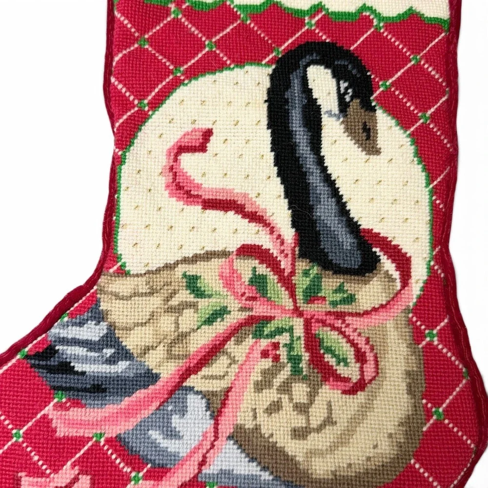 Handmade Needlepoint Christmas Stocking 20in Canada Goose Design Velvet Lined